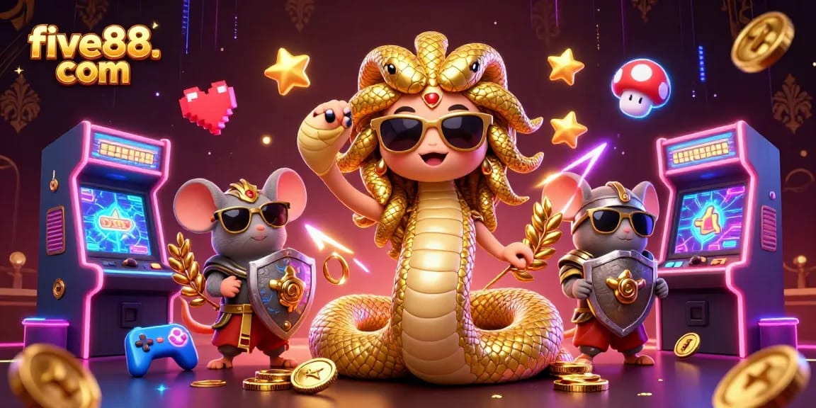 Experience engaging gameplay at five88. com with a vibrant casino-themed illustration featuring Medusa and arcade elements.