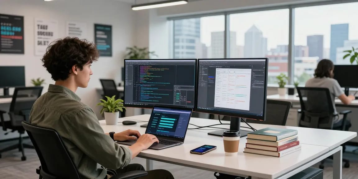 WPS Official Website features a modern workspace with dual monitors, showcasing code and project management tools, fostering productivity and innovation.