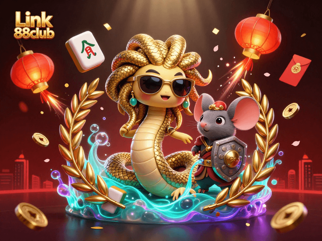 Engage with Link 88club's vibrant 3D casino scene featuring Medusa and a warrior mouse among golden elements.