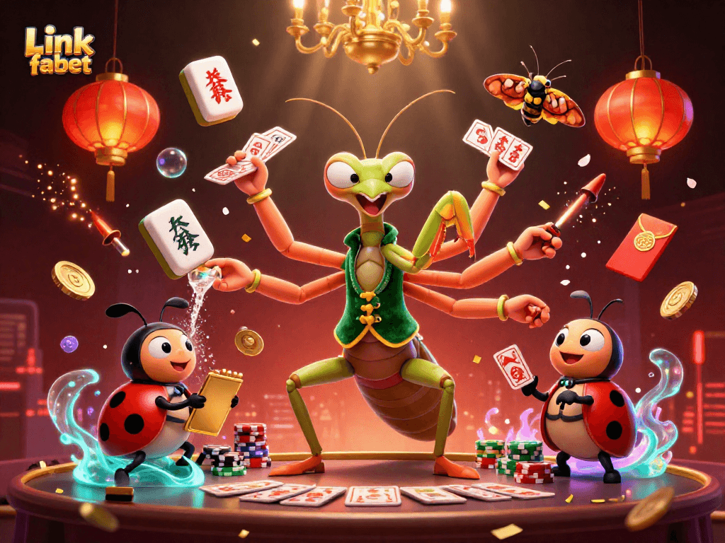 Engaging scene with Link fabet showcasing a giant praying mantis dealing cards in a vibrant casino.