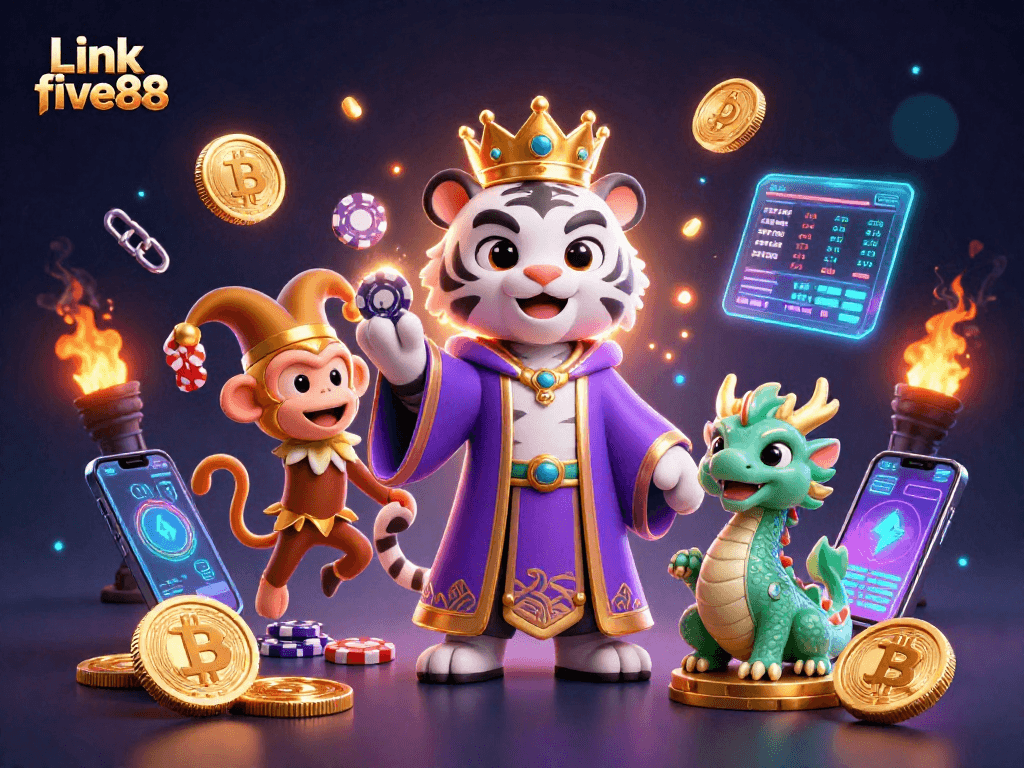 Engage with Link five88 in a vibrant gambling scene featuring 3D cartoon characters and crypto elements.