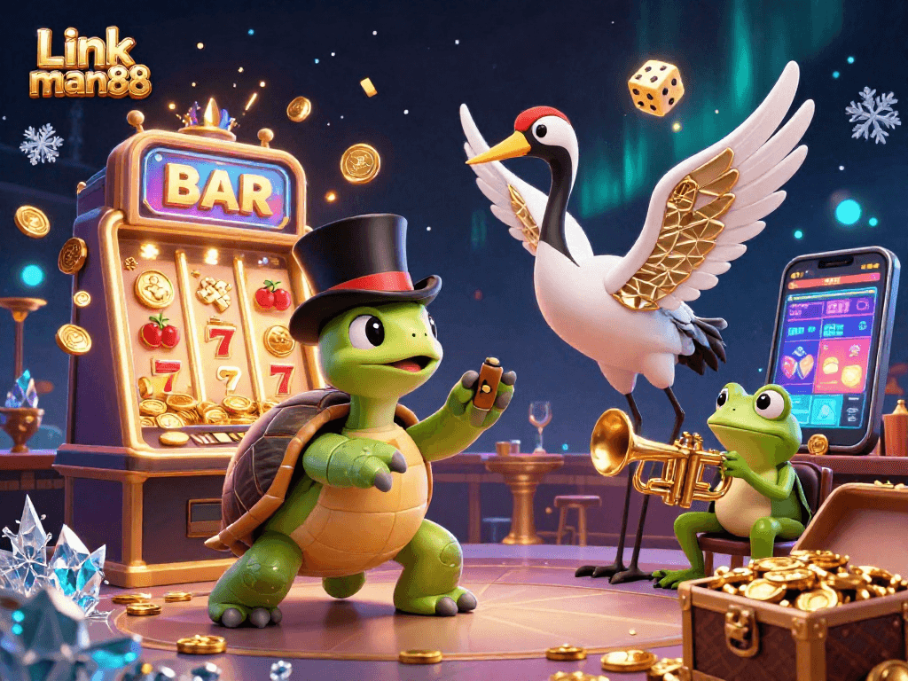 Experience big wins at Link man88 with a vibrant casino-themed illustration showcasing festive characters and exciting game elements.