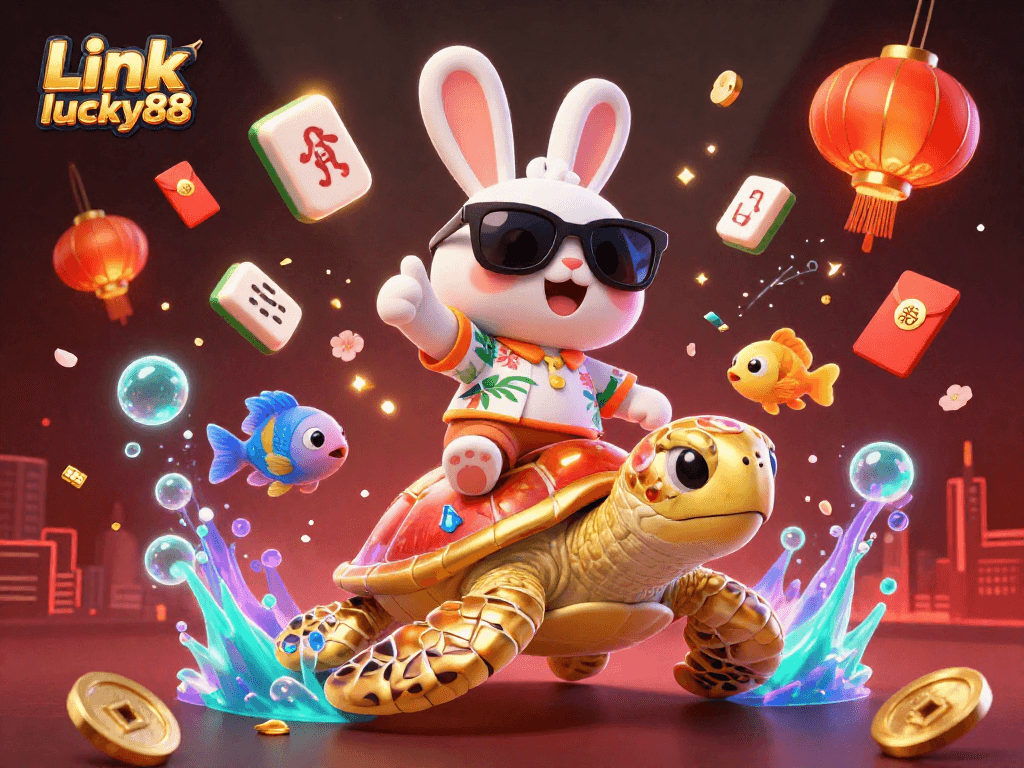 Experience excitement with Link lucky88 through an engaging 3D scene featuring a lucky rabbit and a sea turtle in a vibrant casino environment.
