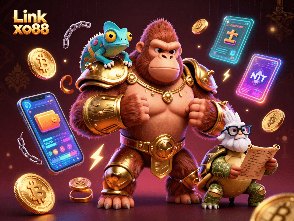 Experience the excitement at Link xo88, featuring a powerful gorilla and a chameleon in a vibrant casino scene.