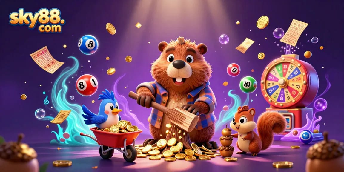 Engage with the excitement of sky88. com as golden coins rain down in a vibrant, energetic casino scene.