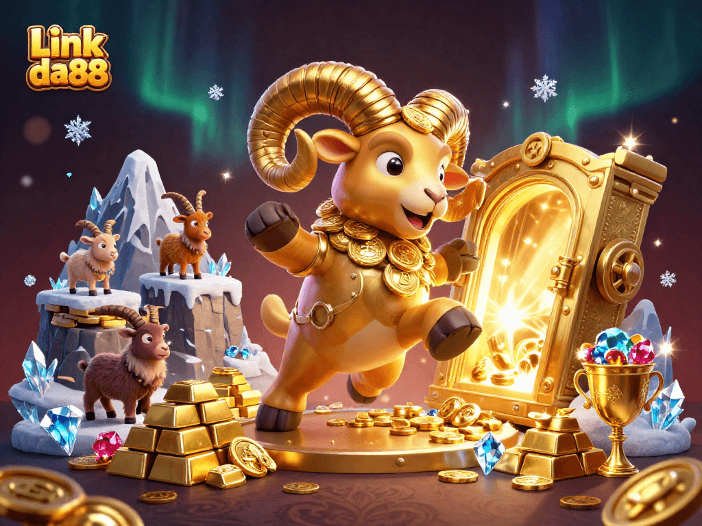 Engage with Link da88's golden casino treasure featuring a charging ram amidst shimmering riches.