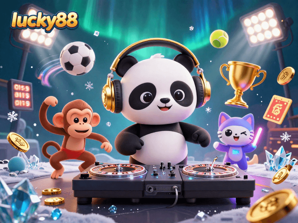 Experience the thrilling action at lucky88 with a DJ panda, sports elements, and vibrant casino energy!