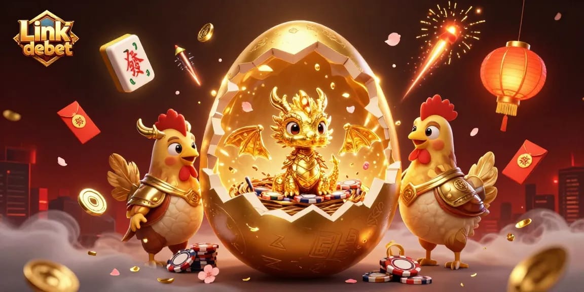 Experience the thrill of Link debet with a dynamic 3D illustration featuring golden dragon and poker chips.