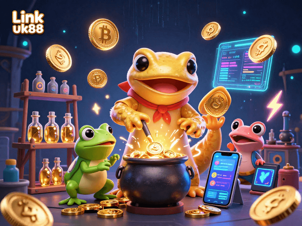 Engage with Link uk88's thrilling online gaming experience featuring vibrant gold and crypto elements.