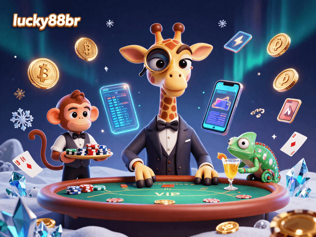 Experience the thrill at lucky88br with a whimsical high-roller giraffe and dynamic gaming elements.
