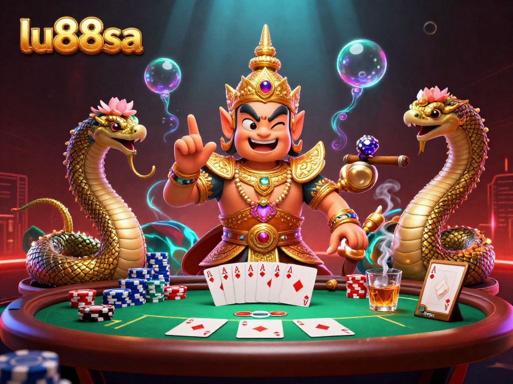 Engage with the vibrant world of lu88sa featuring an energetic poker scene with golden temple guardian.