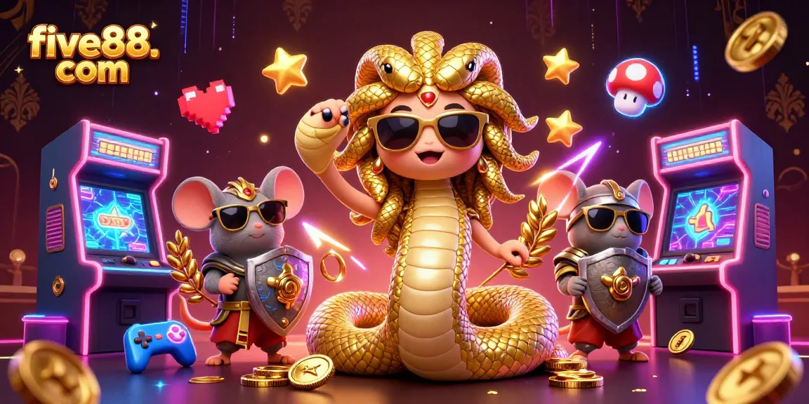 Experience engaging gameplay at five88. com with a vibrant casino-themed illustration featuring Medusa and arcade elements.