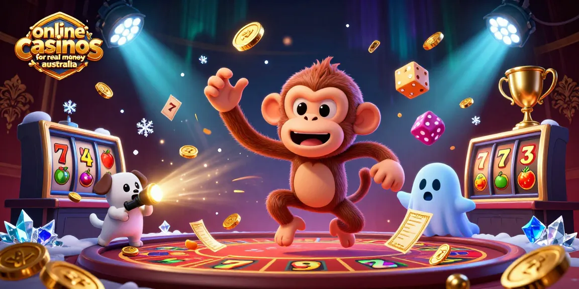 Engage with online casinos for real money Australia in a haunted casino scene featuring a mischievous monkey and a ghost-hunter puppy.