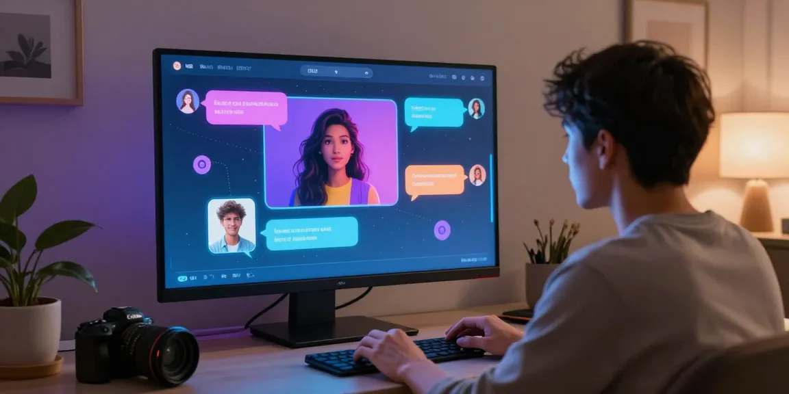 Engaging chat on crush on ai with virtual character in a cozy setting.