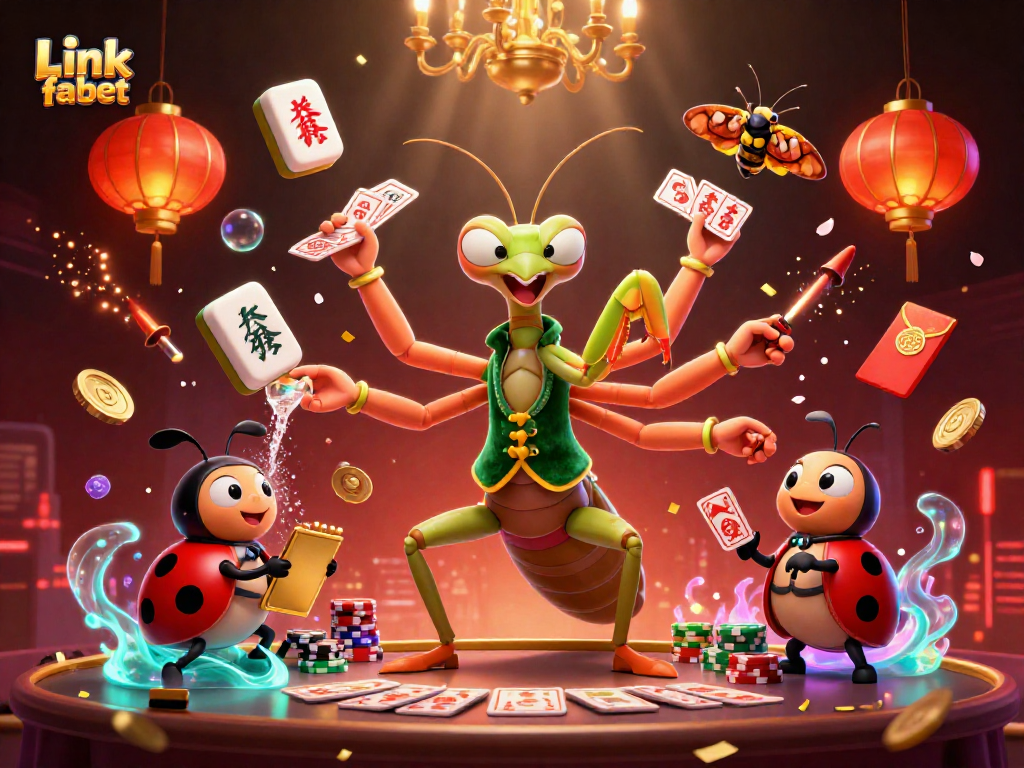 Engaging scene with Link fabet showcasing a giant praying mantis dealing cards in a vibrant casino.