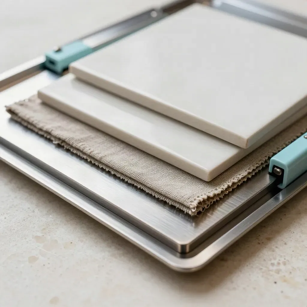 Makro av ett webbdesign-kit med aluminium, textil, keramik och svag cyanaccent.