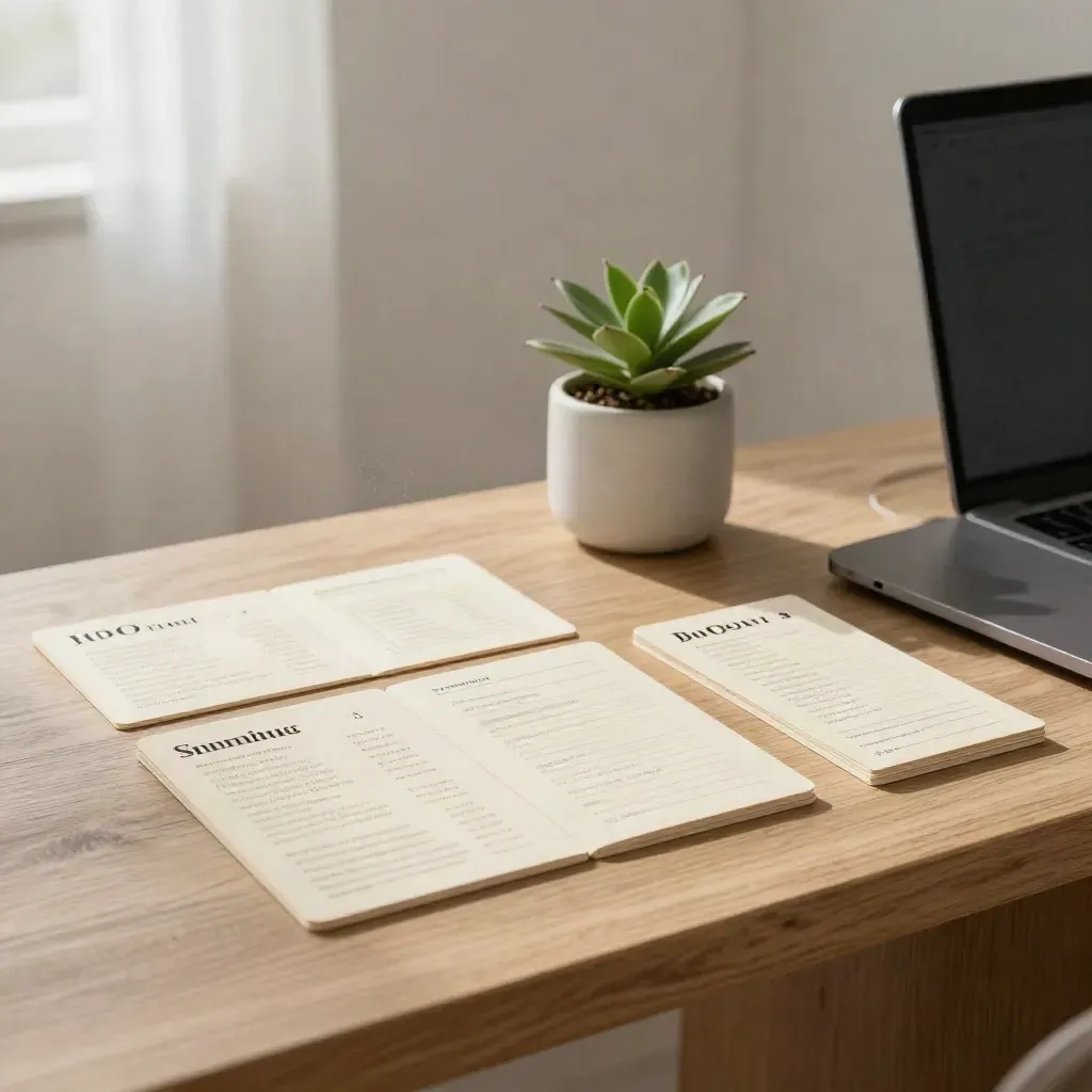 SEO-kit för e-handel med krämkort, stängd laptop och liten växt i ljust studiohörn.