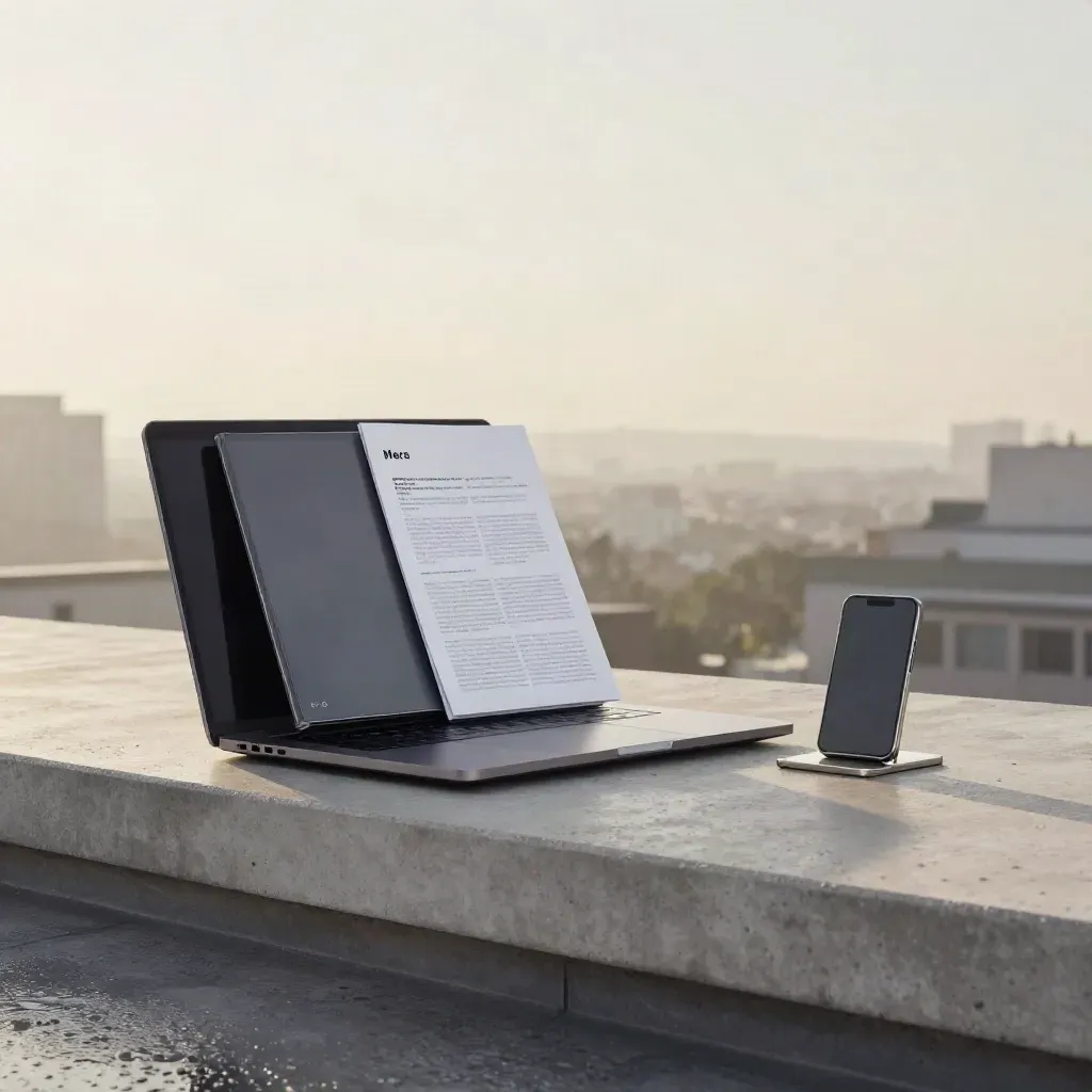 SEO-start-kit på takterrass i morgondimma med laptop, mobil och mappar