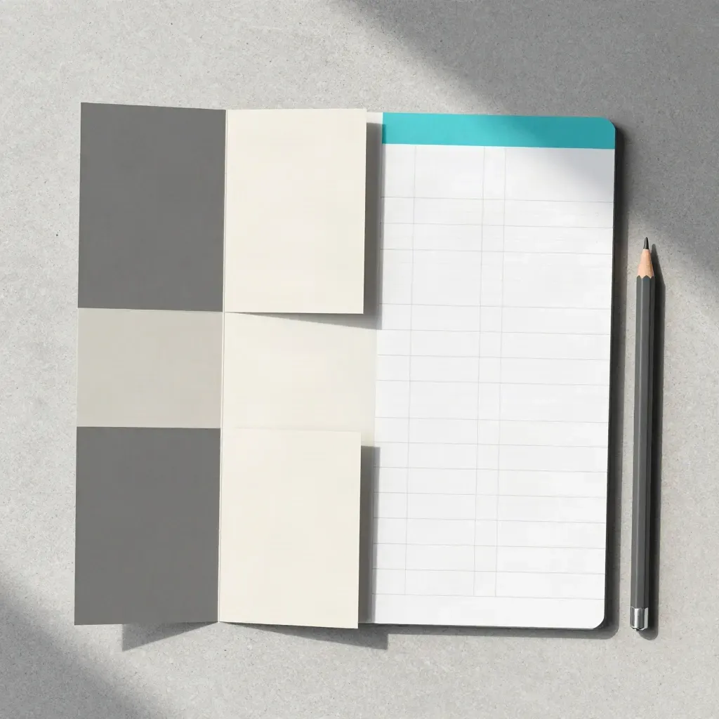Fyra vikta kort, klippt notisblock och grafitpenna på ljus betong i exakt flatlay.
