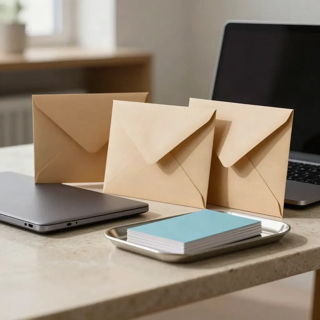 E-poststartkit med tre kuvertliknande delar, laptop och bricka på ljus sten.