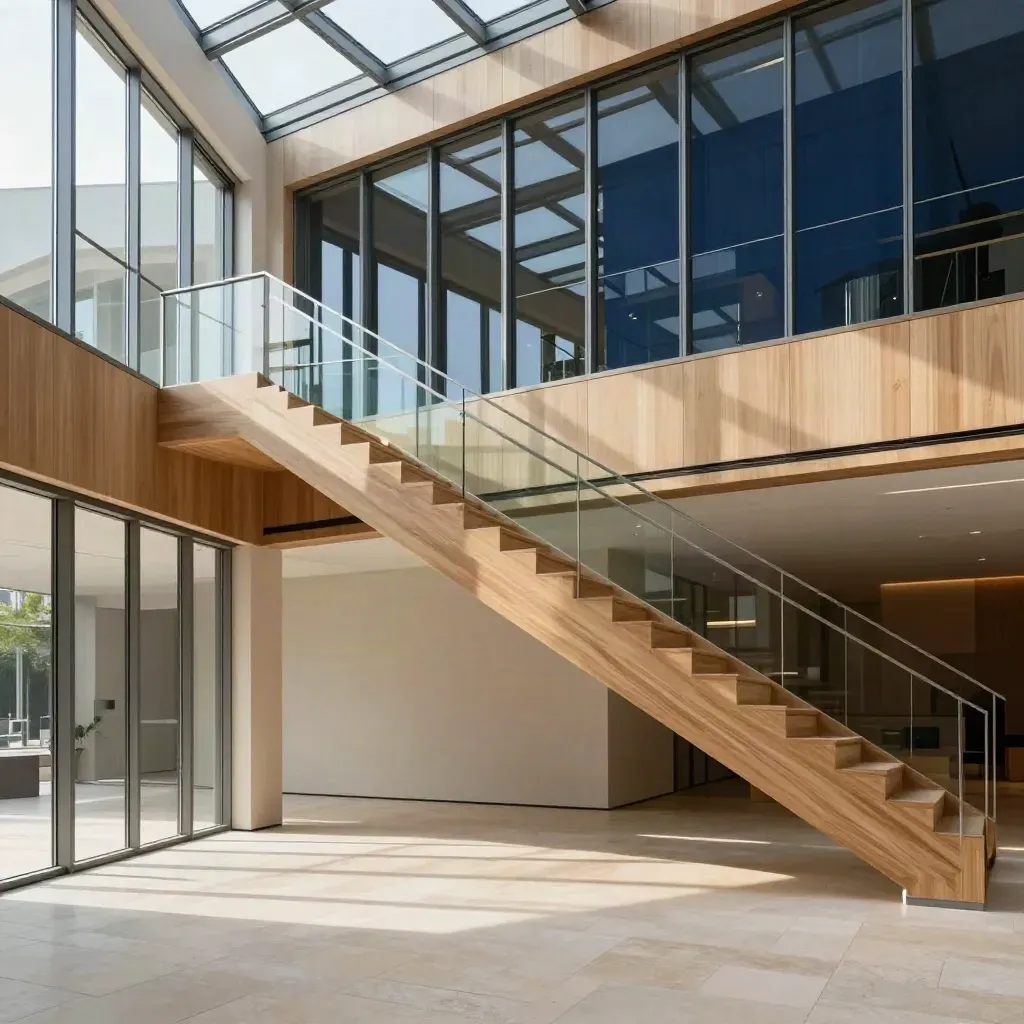 Modern atrium med trätrappa, ljus sten och mjuka reflektioner i eftermiddagssol.