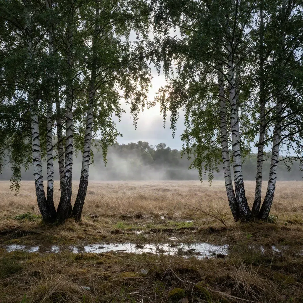 Regnblank äng med björkar och mjuk dimma, solen bryter igenom över trädkronorna.