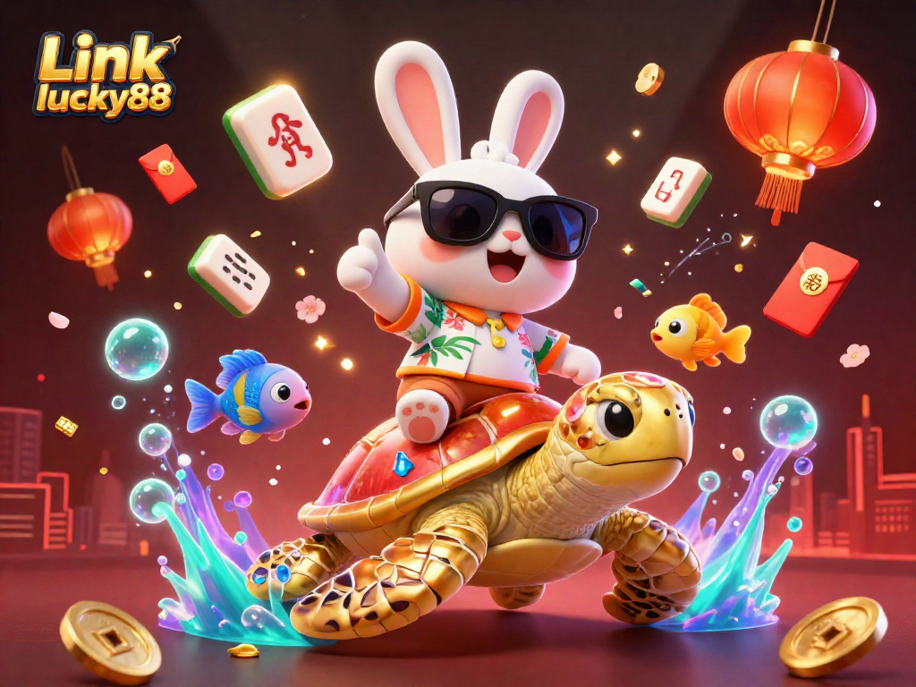 Experience excitement with Link lucky88 through an engaging 3D scene featuring a lucky rabbit and a sea turtle in a vibrant casino environment.