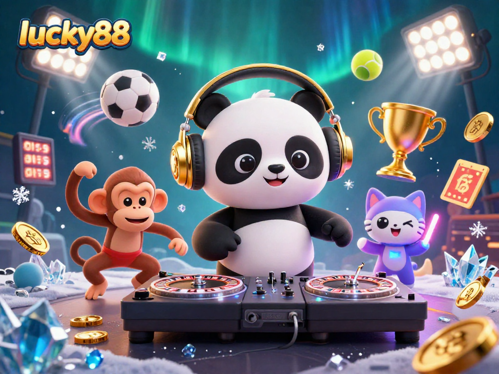 Experience the thrilling action at lucky88 with a DJ panda, sports elements, and vibrant casino energy!