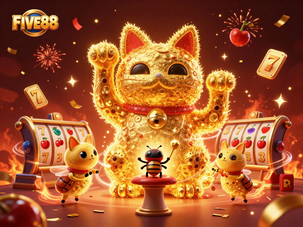 Engage with FIVE88's vibrant casino scene featuring a lucky cat, slot reels, and festive fireworks.