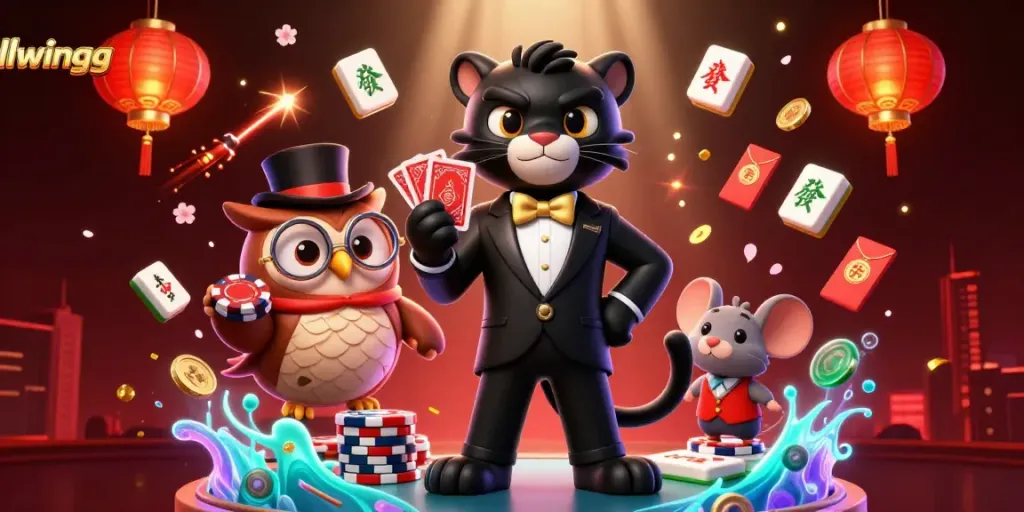 llwingg showcases an elegant black panther dealer surrounded by vibrant casino elements.