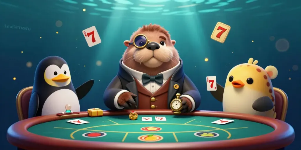 Experience thrilling poker action at llwinedu's underwater casino with a sophisticated walrus and friends.