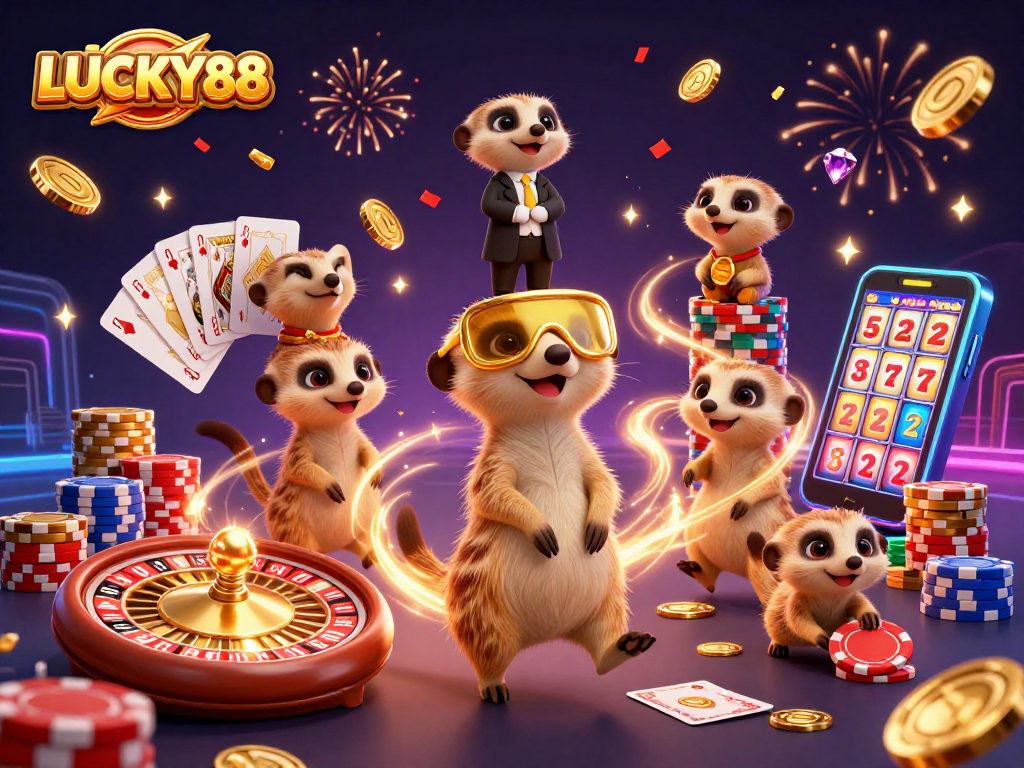 LUCKY88 meerkats manage a vibrant casino with cascading coins and colorful poker chips.