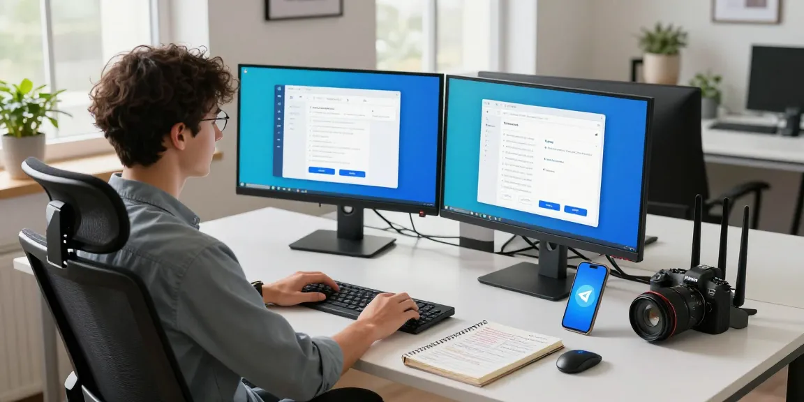 Streamlined workspace showing the Telegram Web Version on dual monitors, illuminating a productive tech environment.