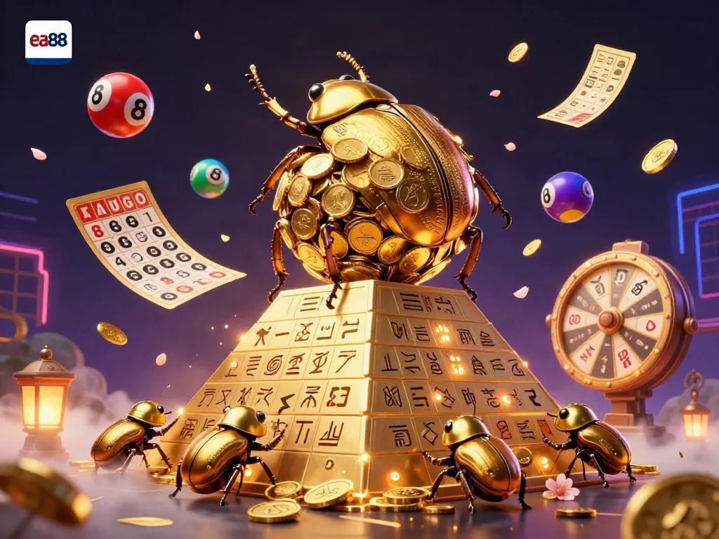 Engage with the vibrant atmosphere of ea88, where a golden beetle rolls coins in a dynamic casino scene.