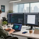 WPS Official Website features a modern workspace with dual monitors, showcasing code and project management tools, fostering productivity and innovation.