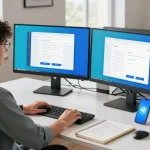 Streamlined workspace showing the Telegram Web Version on dual monitors, illuminating a productive tech environment.
